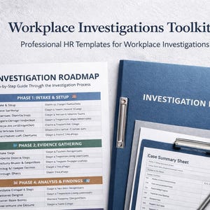 Może przedstawiać: Zestaw narzędzi do dochodzeń w miejscu pracy z tytułem "Workplace Investigations Toolkit" i podtytułem "Professional HR Templates for Workplace Investigations". Obraz zawiera "Investigation Roadmap" i "Investigation File".