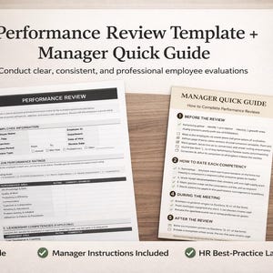 May include: A top-down view of a desk with a performance review template and a manager quick guide. The documents are white with black text. A cup of coffee, a pen, and other office supplies are also on the desk.