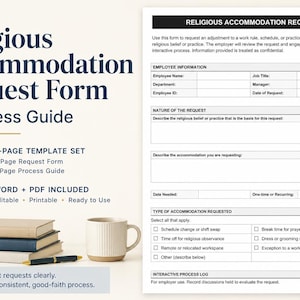 May include: A Religious Accommodation Request Form and Process Guide template set. The document includes sections for employee information, nature of the request, and type of accommodation requested. It is a 3-page set available in Word and PDF formats.