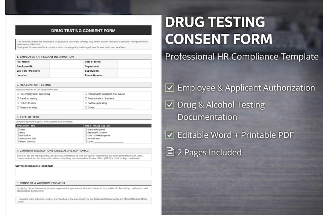 Drug Testing Consent Form Template | Editable Word & Printable PDF | HR ...