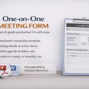May include: A light blue clipboard with a meeting form, a pen, and a small potted plant. The form is labeled "1:1 MEETING" and includes sections for meeting details and action items. Text on the image reads "One-on-One MEETING FORM".