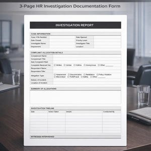 May include: A workplace investigation report template with the title "Workplace Investigation Report Template" and the text "3-Page HR Investigation Documentation Form". The document includes sections for case information, complaint details, and investigation timeline. It is available in Editable Word, Printable PDF, and US Letter Size.