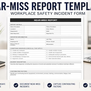 Peut inclure: Un formulaire de rapport d'incident de sécurité au travail intitulé "Modèle de rapport de presque-accident". Le formulaire comprend des sections pour les détails de l'incident, les informations sur le rapporteur, les conditions observées, la description de l'incident et les facteurs contributifs.