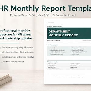 May include: An HR Monthly Report template document featuring a dark green header with the text Department Monthly Report. The layout includes sections for a monthly overview, report details, and a list of HR categories like executive summary.