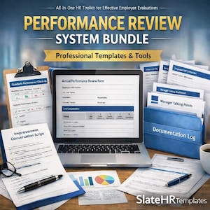Op de afbeelding: Een verzameling HR-documenten en tools, waaronder een laptop met een prestatiebeoordelingsformulier, een klembord met een kwartaalcheck-in en een blauwe documentatielog. De tekst luidt "PERFORMANCE REVIEW SYSTEM BUNDLE".
