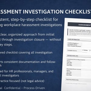 Może przedstawiać: Ciemnoniebieskie tło z białym tekstem „HARASSMENT INVESTIGATION CHECKLIST”. Obraz zawiera listę kontrolną i tekst opisujący jej cechy, takie jak ustrukturyzowane podejście i wsparcie dla dokumentacji.