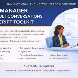 May include: An illustration promoting a "Manager Difficult Conversations Script Toolkit." The image features two people in business attire at a table, with text listing conversation topics like performance warnings and conflict resolution. The toolkit is designed for managers and HR teams.