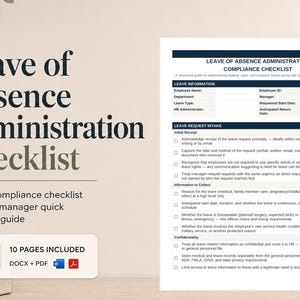 Puede incluir: Un documento titulado "Lista de verificación de administración de ausencias" con un diseño azul y blanco. La lista de verificación incluye secciones para información de licencia y recepción de solicitudes de licencia. El documento tiene 8 páginas.
