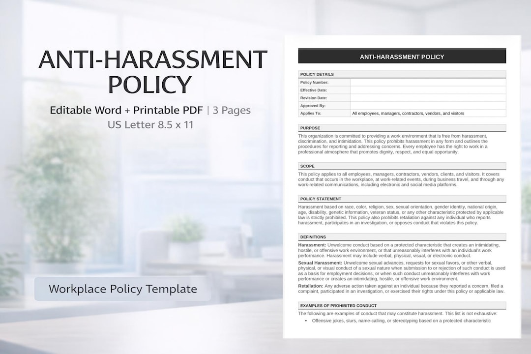 Anti-harassment Policy Template | Editable Word & Printable PDF - Etsy