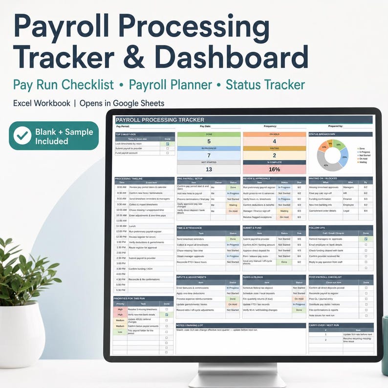 Pu&ograve; includere: Un monitor di computer mostra una cartella di lavoro Excel per il monitoraggio e la dashboard dell'elaborazione delle buste paga. Lo schermo presenta una checklist, un pianificatore e un tracker di stato con tabelle, grafici e indicatori.