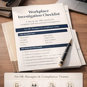 May include: A Workplace Investigation Checklist for HR, Managers & Compliance Teams. The checklist includes sections for case information and pre-investigation phases. A pen and a laptop are also visible.