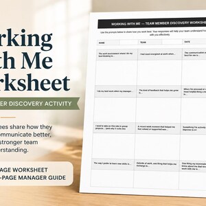 Op de afbeelding: Een wit werkblad met de titel "Working With Me Worksheet" met de tekst "Team Member Discovery Activity". Het werkblad bevat prompts om werknemers te helpen delen hoe ze het beste werken, beter communiceren en het team begrip versterken. Een werkblad van 1 pagina en een gids voor managers van 2 pagina's zijn ook inbegrepen.