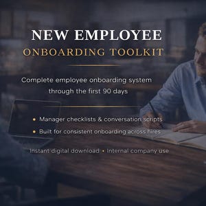 May include: Image promoting a "New Employee Onboarding Toolkit." Text includes "Complete employee onboarding system through the first 90 days." Features include manager checklists and conversation scripts. The image shows two people at a table with a laptop and notebook.