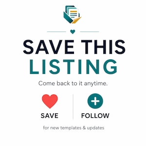 Pu&ograve; includere: Una grafica con un'icona di cartella color verde acqua e oro sopra il testo SAVE THIS LISTING e Come back to it anytime. Sotto ci sono un'icona a forma di cuore rosso etichettata SAVE e un cerchio verde acqua con un segno pi&ugrave; bianco FOLLOW.