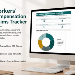 Op de afbeelding: Een computermonitor toont een dashboard "Workers' Compensation Claims Tracker". Het scherm toont de claimstatus, deadlines en een cirkeldiagram. Tekst op het scherm bevat "Tracks Up to 200 Claims" en "Editable Excel Template."