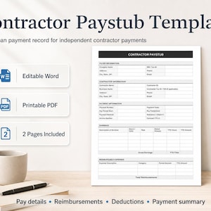 Op de afbeelding: Een wit Contractor Paystub Template met zwarte tekst, ontworpen voor betalingen aan onafhankelijke aannemers. De sjabloon bevat secties voor informatie over betaler en aannemer, betalingsgegevens, inkomsten en vergoedingen. Beschikbaar in Word en PDF.
