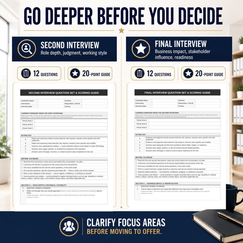 May include: A white informational document titled GO DEEPER BEFORE YOU DECIDE, featuring two columns for Second Interview and Final Interview. Each section includes a 12-question list, a 20-point guide, and a structured scoring template for candidates.