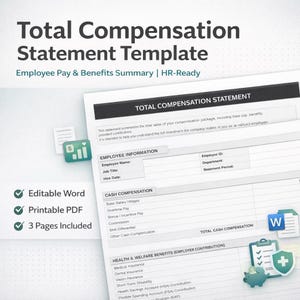 May include: A Total Compensation Statement Template, labelled "Employee Pay & Benefits Summary | HR-Ready." The document includes sections for employee information, cash compensation, and health & welfare benefits. Icons for Word, PDF, and 3 pages are also included.