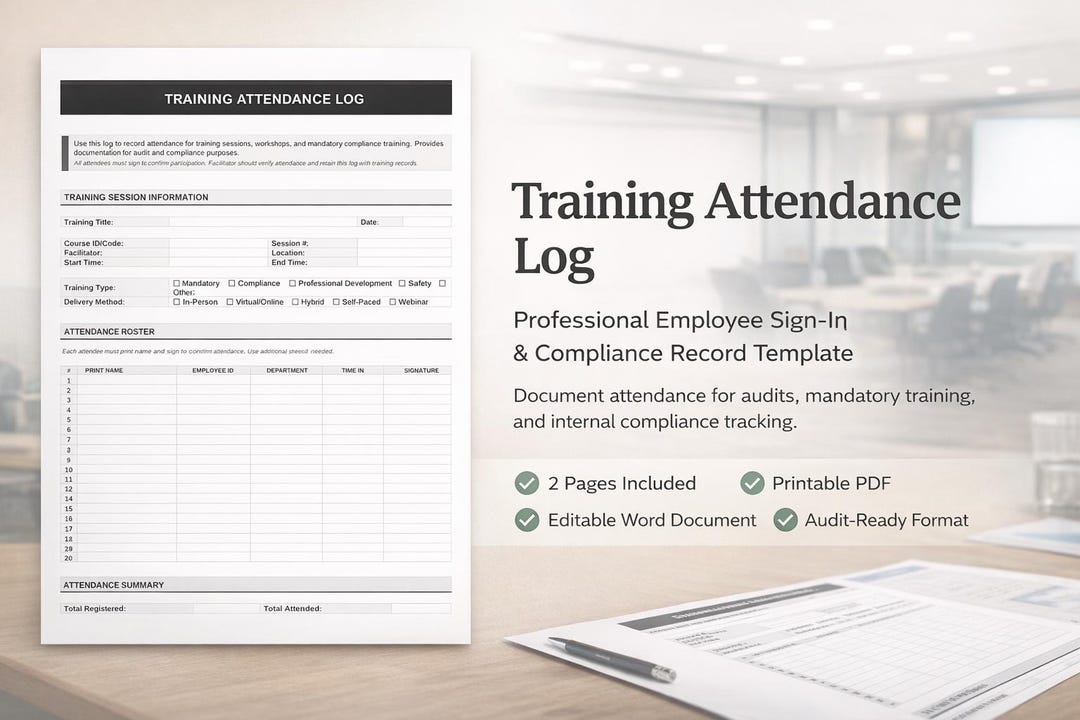 Training Attendance Log Template | Employee Sign-in Sheet (PDF & Word ...