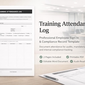 May include: A white Training Attendance Log template with the title "Training Attendance Log" at the top. The document includes sections for training session information and an attendance roster. The text "Training Attendance Log" is also displayed in a larger font.