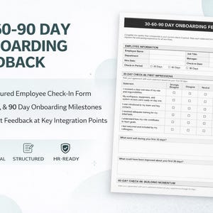 Könnte beinhalten: Ein weißes 30-60-90-Tage-Onboarding-Feedback-Formular mit einem schwarzen Stift, einer Tasse Kaffee und einer Brille. Das Formular enthält Abschnitte für Mitarbeiterinformationen und Check-in-Zeiträume. Das Formular enthält auch ein strukturiertes Mitarbeiter-Check-in-Formular, Onboarding-Meilensteine und Feedback.