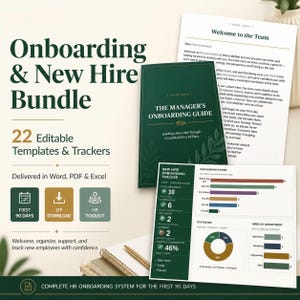 Può includere: Un pacchetto di onboarding e assunzione con 22 modelli e tracker modificabili. Il set include una guida all'onboarding per manager, una lettera di benvenuto e un tracker per i nuovi assunti con grafici, in una combinazione di colori verde scuro e bianco.
