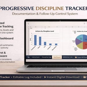 May include: A laptop displays a "Progressive Discipline Tracker" with charts and graphs. The screen shows data visualizations, including bar and pie charts. Text on the screen highlights features like centralized tracking and a built-in dashboard. The laptop sits on a wooden surface.