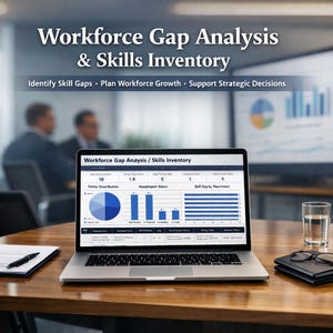 May include: A laptop displaying a "Workforce Gap Analysis & Skills Inventory" report sits on a wooden table. The screen shows charts and data visualizations. The text on the screen reads "Identify Skill Gaps, Plan Workforce Growth, Support Strategic Decisions."