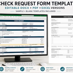 Puede incluir: Un monitor de computadora muestra una plantilla de formulario de solicitud de cheque con versiones editables DOCX, PDF y Excel. El formulario incluye plantillas de muestra y en blanco. Los iconos adicionales resaltan múltiples formatos, fácil edición, diseño listo para imprimir y seguimiento organizado.