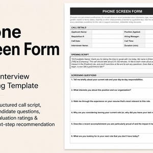 Puede incluir: Una plantilla de formulario de entrevista telefónica con el título "Phone Screen Form" en letras negras grandes. El formulario incluye secciones para los detalles de la llamada, un guion de apertura y preguntas de selección. La plantilla está diseñada para entrevistas de 3 páginas.