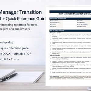 Puede incluir: Una lista de verificación y una guía de referencia rápida titulada "New Manager Transition Checklist" con una hoja de ruta de incorporación de 90 días para nuevos gerentes y supervisores. La lista de verificación tiene 6 páginas, con una guía de referencia rápida de 2 páginas.