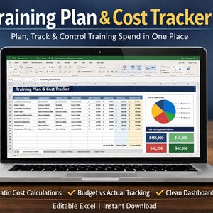May include: A laptop displays a spreadsheet titled "Training Plan & Cost Tracker." The screen shows data tables and a pie chart. Text on the screen includes "Plan, Track & Control Training Spend in One Place." Additional text highlights features like "Automatic Cost Calculations."