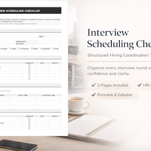 Könnte beinhalten: Eine Checkliste zur Interviewplanung mit Abschnitten für Kandidateninformationen, Vorplanungsaufgaben und Interviewplan. Der Text "Interview Scheduling Checklist" und "Structured Hiring Coordination Tool" ist sichtbar. Eine Tasse Kaffee und ein Notizbuch sind ebenfalls zu sehen.