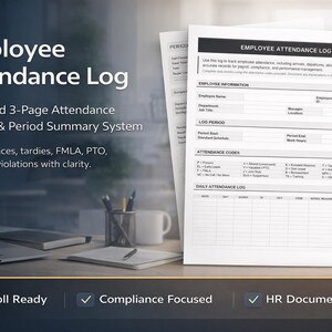May include: An Employee Attendance Log with the title "Employee Attendance Log" and the text "Structured 3-Page Attendance Tracking & Period Summary System". The log is designed to track absences, tardies, FMLA, PTO, and policy violations. The log is payroll ready, compliance focused, and HR documentation.