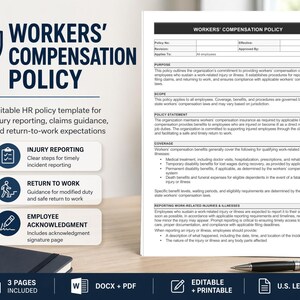 May include: A white document titled "WORKERS' COMPENSATION POLICY" with blue accents. The document includes sections on injury reporting, return to work, and employee acknowledgment. A pen and a notepad are visible.
