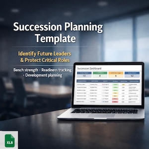 May include: A laptop displaying a "Succession Dashboard" with data tables. The screen shows a spreadsheet with numerical data and color-coded cells. The image also includes the text "Succession Planning Template" and "Identify Future Leaders & Protect Critical Roles."