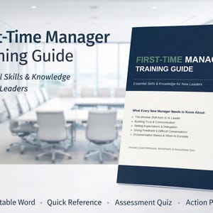 Peut inclure: Un guide de formation intitulé "First-Time Manager Training Guide" avec le sous-titre "Essential Skills & Knowledge for New Leaders". La couverture est blanche et bleu marine. Le guide comprend une référence rapide, un quiz d'évaluation et un plan d'action.