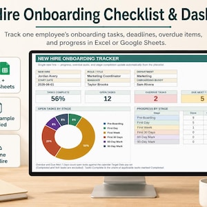 May include: A digital New Hire Onboarding Checklist & Dashboard displayed on a computer monitor. The interface shows a tracker for Jordan Avery with metrics for tasks, progress, and deadlines, compatible with Excel and Google Sheets software.