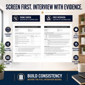 May include: A white document titled SCREEN FIRST. INTERVIEW WITH EVIDENCE. featuring two sections: PHONE SCREEN QUESTION SET & SCORING GUIDE and FIRST INTERVIEW QUESTION SET & SCORING GUIDE. It includes alignment checks, star method prompts, and scoring guides.