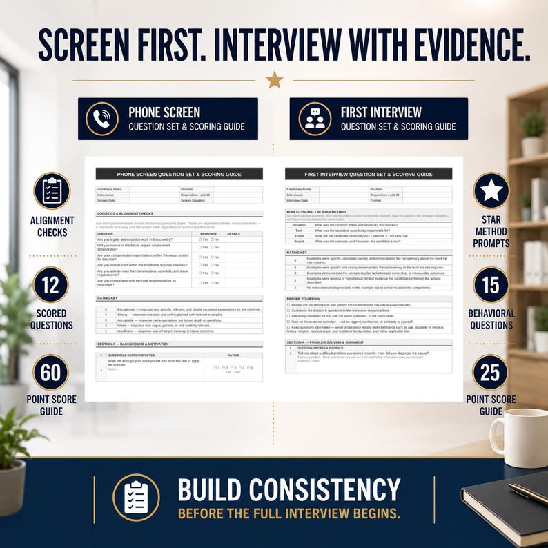 May include: A white document titled SCREEN FIRST. INTERVIEW WITH EVIDENCE. featuring two sections: PHONE SCREEN QUESTION SET & SCORING GUIDE and FIRST INTERVIEW QUESTION SET & SCORING GUIDE. It includes alignment checks, star method prompts, and scoring guides.