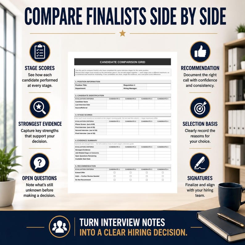 May include: A white candidate comparison grid document featuring sections for position information, candidate identification, stage scores, evidence summary, and recommendations. The document is surrounded by six circular icons with text labels explaining the hiring evaluation process.