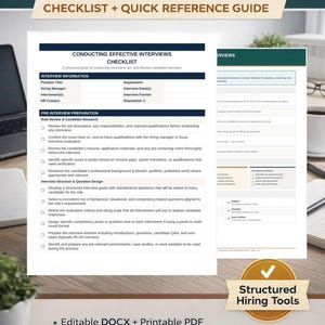 May include: A checklist and quick reference guide titled "Conducting Effective Interviews." The document includes sections on interview information, pre-interview preparation, and interview structure. It is an editable DOCX and printable PDF, US Letter 8.5" x 11".