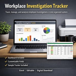 Peut inclure: Un ordinateur portable affiche l'interface "Workplace Investigation Tracker", avec des graphiques et une feuille de calcul. Une imprimante, une tasse et une plante sont également visibles. Le texte à l'écran indique "Suivez, gérez et analysez les enquêtes des employés dans un système organisé."