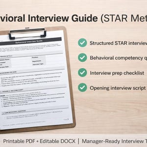 Könnte beinhalten: Ein Klemmbrett mit einem gedruckten Dokument "Verhaltensinterview-Leitfaden", einem Stift und einem Notizblock auf einer Holzoberfläche. Der Leitfaden enthält einen strukturierten STAR-Interviewrahmen, Fragen zu Verhaltenskompetenzen und eine Checkliste zur Vorbereitung auf das Interview.