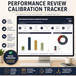 May include: A computer monitor displays a Performance Review Calibration Tracker Excel dashboard. The screen shows data visualizations including a bar chart for final rating distribution and a donut chart for rating movement, with various metrics.
