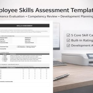 May include: An employee skills assessment template with the title "Employee Skills Assessment Template". The template includes sections for performance evaluation, competency review, and development planning. Features include 5 core skill categories, a built-in rating scale, and development action planning.