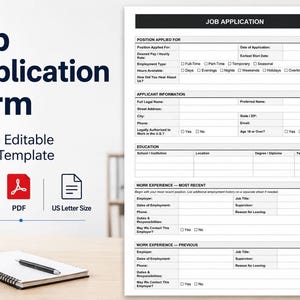 May include: A job application form template titled "Job Application Form". It's a 2-page editable hiring template, available in DOCX, PDF, and US Letter Size formats. A mug, notepad, and pen are on the desk. The template includes sections for applicant and job details.