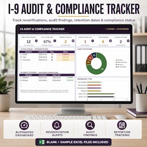 I-9 Audit Tracker Excel Template | Reverification, Retention & HR Compliance Dashboard