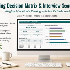 May include: A computer monitor displays a Hiring Decision Matrix & Interview Scorecard Excel workbook. The screen shows a results dashboard with a candidate ranking table and a horizontal bar chart comparing weighted scores for various applicants.