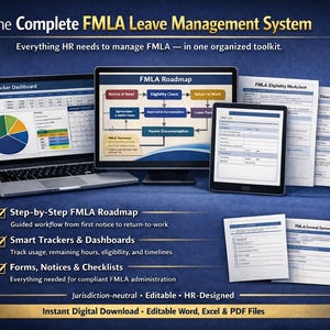 May include: Image of a complete FMLA leave management system. The image shows a laptop, desktop monitor, tablet, and several printed forms. The text includes "Step-by-Step FMLA Roadmap" and "Instant Digital Download."